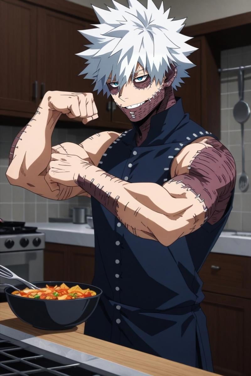 score_9, score_8_up, score_7_up, source_anime, rating_safe, intricate details, , , depth of field, 1boy, solo, male focus, <lora:dabi_bnha_pony:0.74>, dabi_bnha, white hair, blue eyes, short hair, spiked hair, hair between eyes, bangs, scar, burn scar, scar on face, piercing, stitches, , teeth, smile, , wide angle, wide shot, cowboy shot, kitchen, cooking, indoors, light, flexing, smirk, , <lora:sdxl_lightning_8step_lora:1>