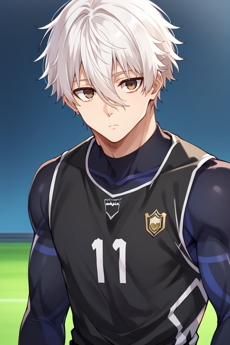 score_9, score_8_up, score_7_up, score_6_up, score_5_up, score_4_up, source_anime, BREAK, 1boy, male focus, nagi_eichirou, white hair, hair between eyes, brown eyes, muscular, soccer uniform, bodysuit, upper body, close up, looking at viewer, tight fitting, expressionless,score_9