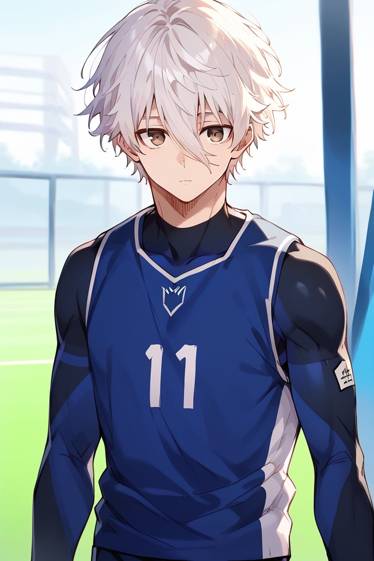 (score_9,score_8_up,score_7_up,score_6_up,score_5_up,score_4_up), best quality,masterpiece, 1boy, male focus, nagi_eichirou, white hair, hair between eyes, brown eyes, muscular, soccer uniform, bodysuit, upper body, close up, looking at viewer, tight fitting, expressionless