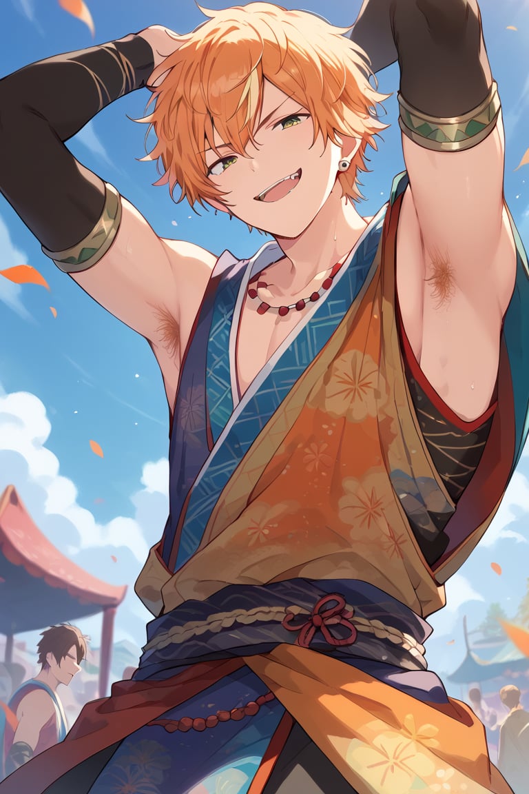 score_9,score_8_up,score_7_up, best quality,masterpiece, 1boy, male focus, akito, orange hair, yellow streaked hair, green eyes, looking at viewer, from below, close up, summer festival clothes, japanese clothes, sleeveless, black arm warmer, muscular, hairy armpit hair, smug, open mouth