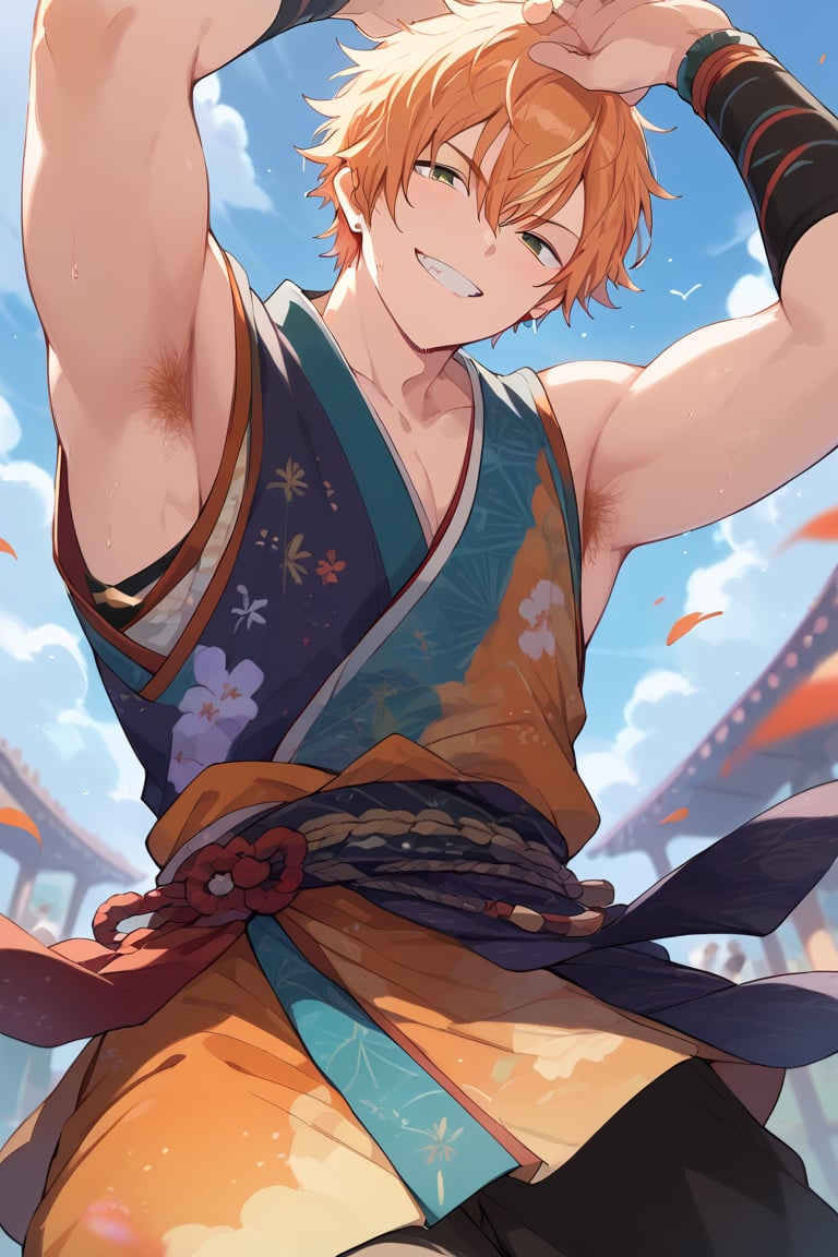 score_9,score_8_up,score_7_up, best quality,masterpiece, 1boy, male focus, akito, orange hair, yellow streaked hair, green eyes, looking at viewer, from below, close up, summer festival clothes, japanese clothes, sleeveless, black arm warmer, muscular, hairy armpit hair, smug, open mouth