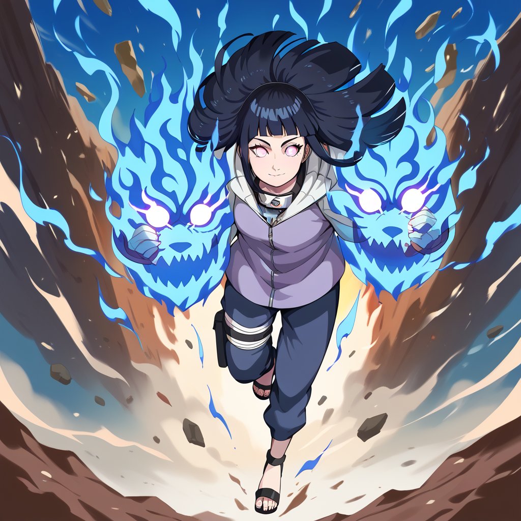 score_9,score_8_up, score_7_up, score_6_up, score_5_up,score_4_up,source_anime,Hinata Hyuga,smile,closed mouth,long hair,blunt bangs,dark blue hair,light eyes,forehead protector,konohagakure symbol,purple and white hooded jacket,fishnets,blue pants,holster,bandage on thigh,open sandals,dark blue sky,Big clouds,debris,debris in the air,glowing,glowing eyes,aura,blue energy,aura,juho shoshiken jutsu,blue energy in hands,blue fire,blue fire in hands
,flaming eyes:0.8,RageModeV4XL,flaming eyes,eye trail