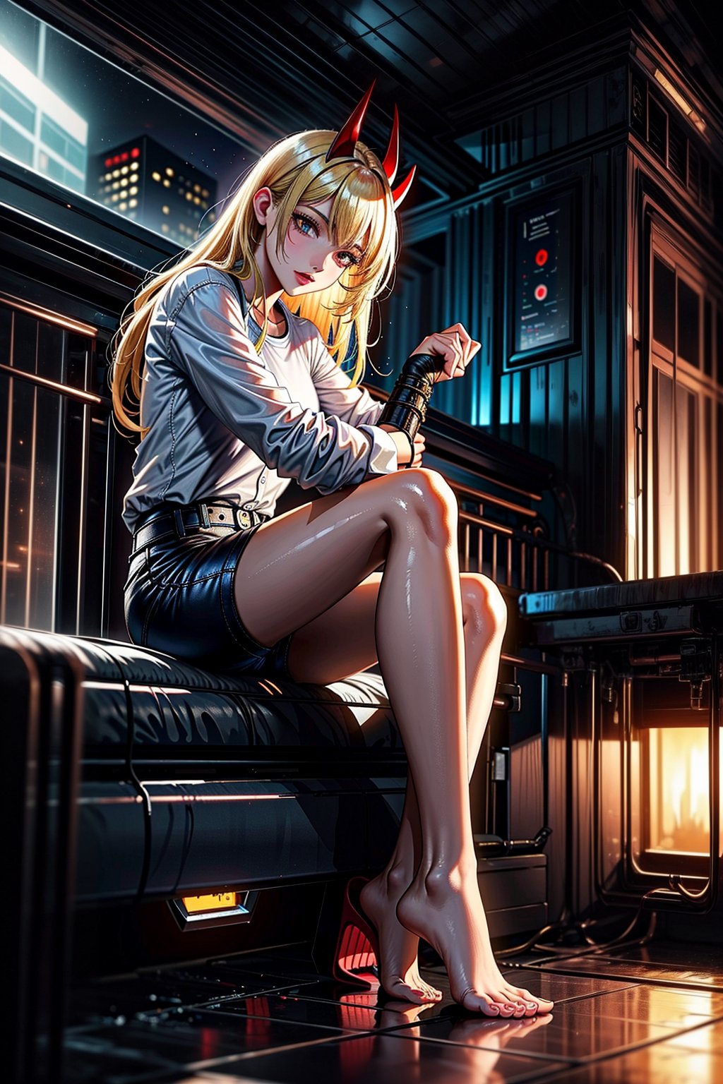 girl, blonde hair, beautiful, detailed background, (medium short shot), short white shirt, shorts, no shoes, long hair, yellow eyes, alone, on top of a building,red horns, at night,highly detailed.,Power/Chainsaw,muscle mommy,Red horns,ghostrider,Futuristic room