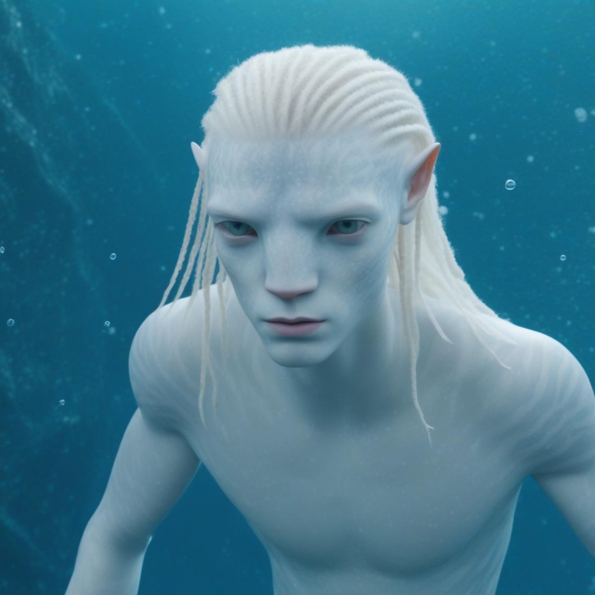 Beautiful albino na’vi, 1boy, long white hair, white skin, freckles, underwater, swimming, air bubbles, lots of details, movie still, 4k quality