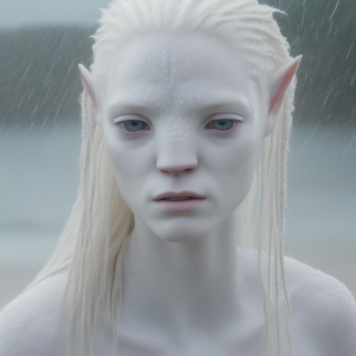 Beautiful albino na’vi, long white hair, white skin, freckles, upset face, wet skin, raining, beach, lots of details, movie still, 4k quality