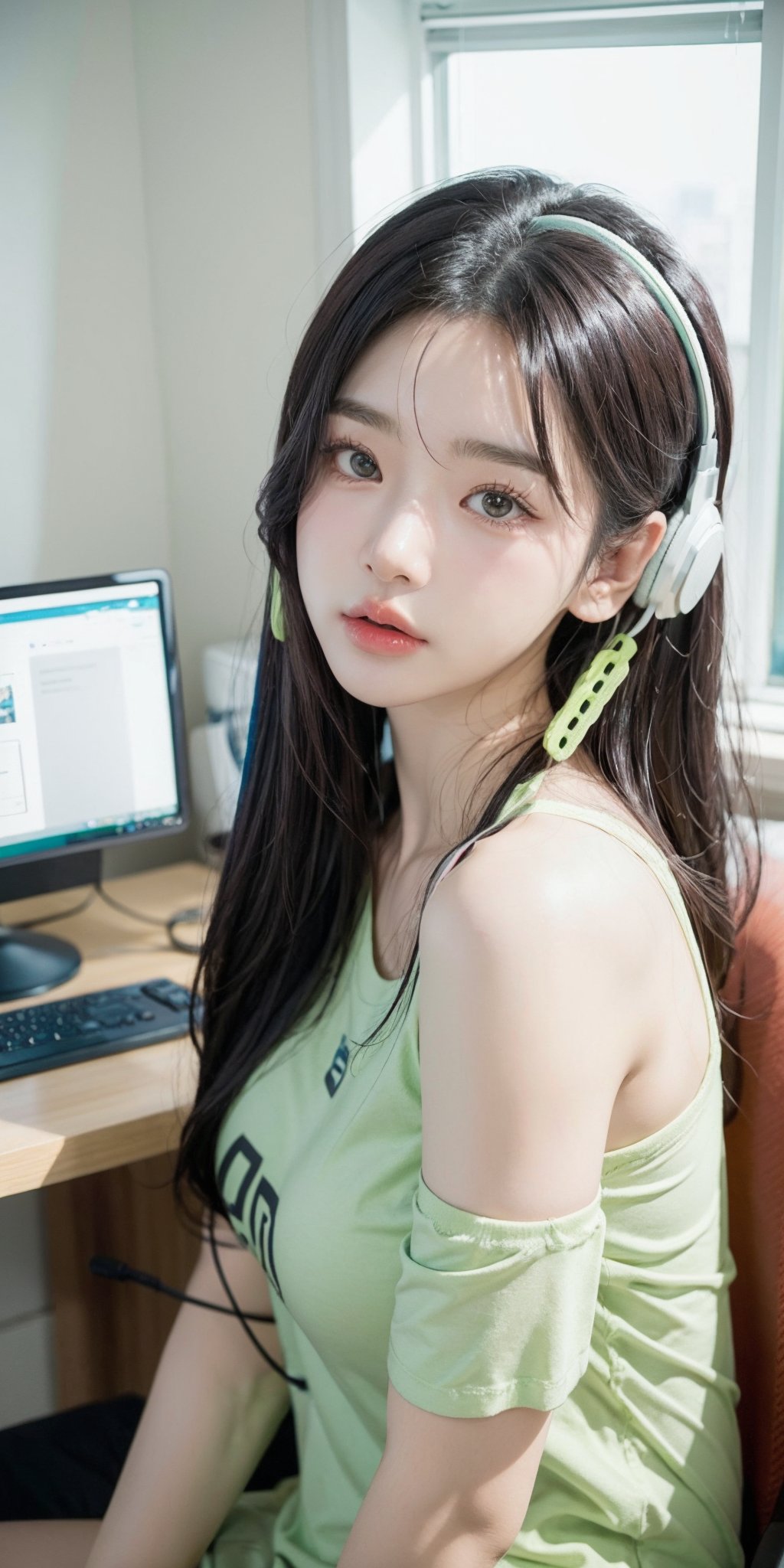 A beautiful Korean girl wearing a green shirt, wearing pinky gaming headphones, playing computer games, 28 years old, elegance,  one shoulder, sitting on an office chair, holding her cheek with one hand, black super long hair, clear hair, tired expression, Look at the lens lazily, super wide angle, backlighting, light and dark effects, realistic style,