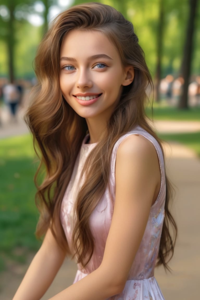 1 woman 26 year-old, random dress, long hair, amazing face and eyes, image hyperealism, (masterpiece, best quality, photorealistic, 8k raw photo), light smile, highest detailed,  in the park, random hairstyle ,Alenka