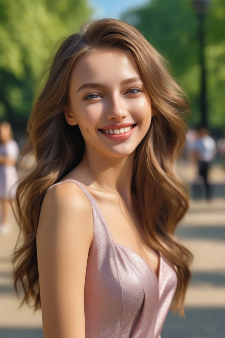 1 woman 26 year-old, random dress, long hair, amazing face and eyes,sexy smile, image hyperealism, (masterpiece, best quality, photorealistic, 8k raw photo), highest detailed,  in the park, random hairstyle ,Alenka,