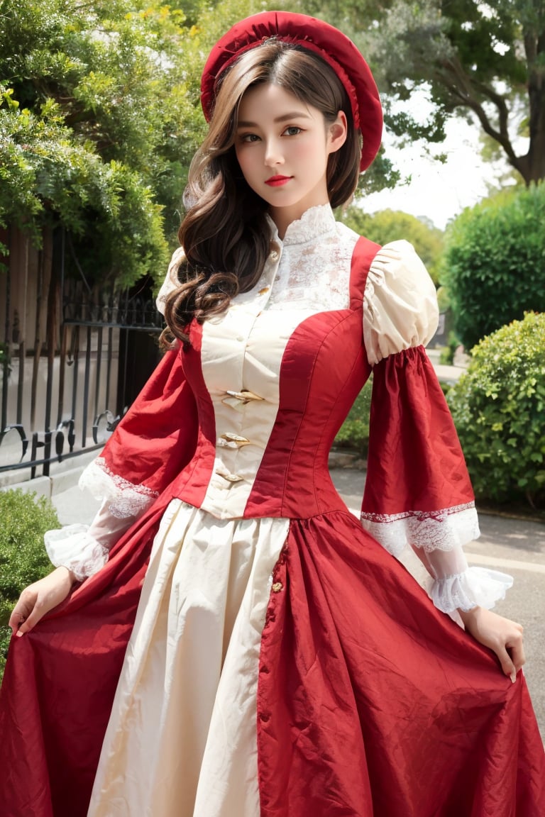 masterpiece, ((realistic, photo realistic)),  best quality,  ultra-detailed,  uhd,  4k,  portrait of a victorian era hungarian female,  xix century female,  looking at camera,  cowboy shot,  from front,  perfect eyes,  red lips,  pretty features,  extremely beautiful,  sexy,  attractive,  beautiful figure, Victorian Style red dress, big skirts, tight corsets, intricate details, outdoor, Victorian style street, ((full body:0.7)), ,Eliza01