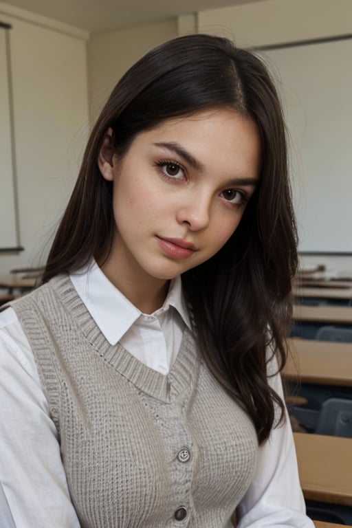 front on portrait of olivrod, looking at viewer, in classroom, hills, late afternoon, wearing a Sweater vest, Oxford Cotton blouse and Grey wool pleated skirt,closeup,olivrod