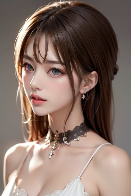 1girl
solo
brown hair
closed mouth
grey background
collar
lips
realistic ,beauty,yui,masterpiece,best quality,lily,mei,fiona 