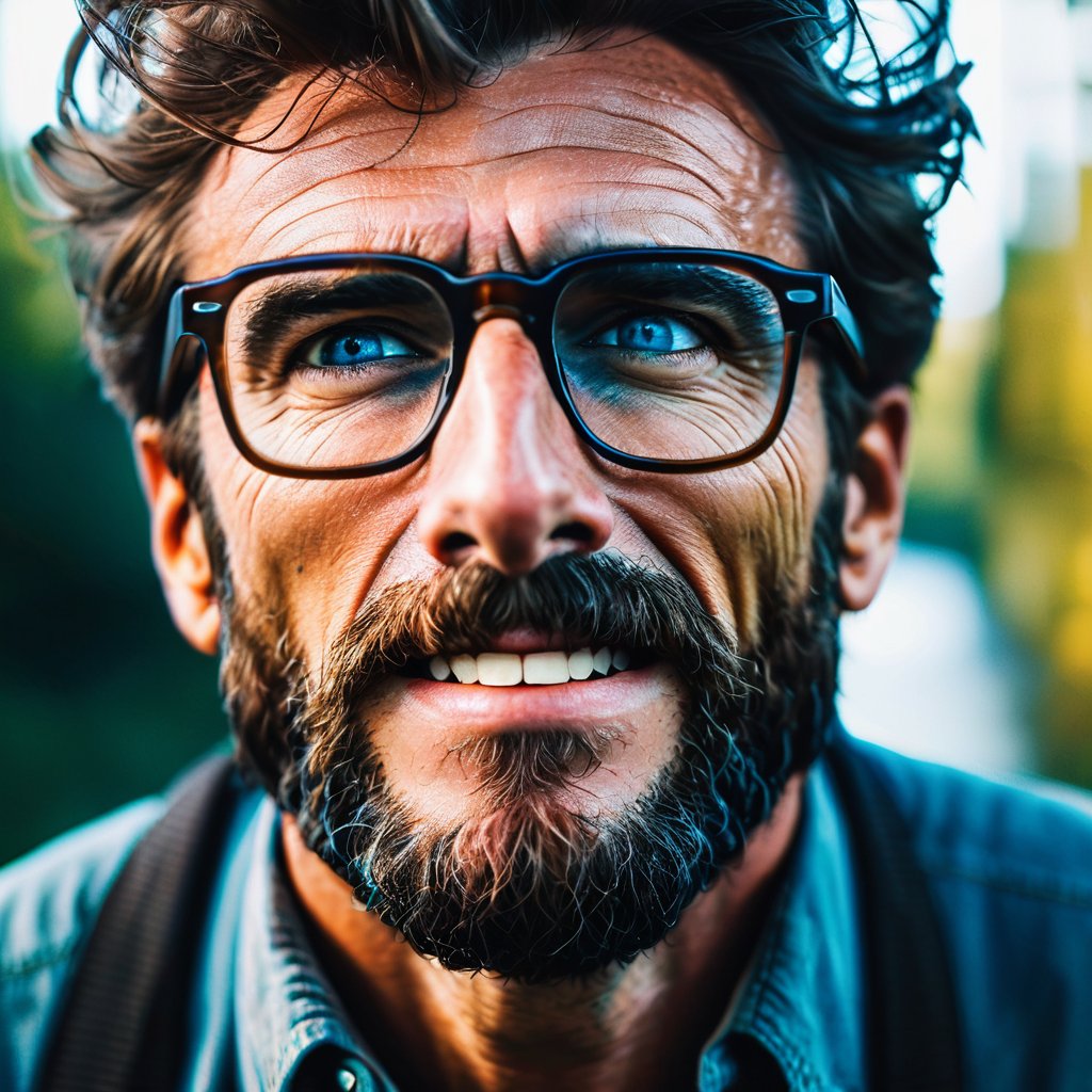 natural photography of a man, glasses, cinematic,