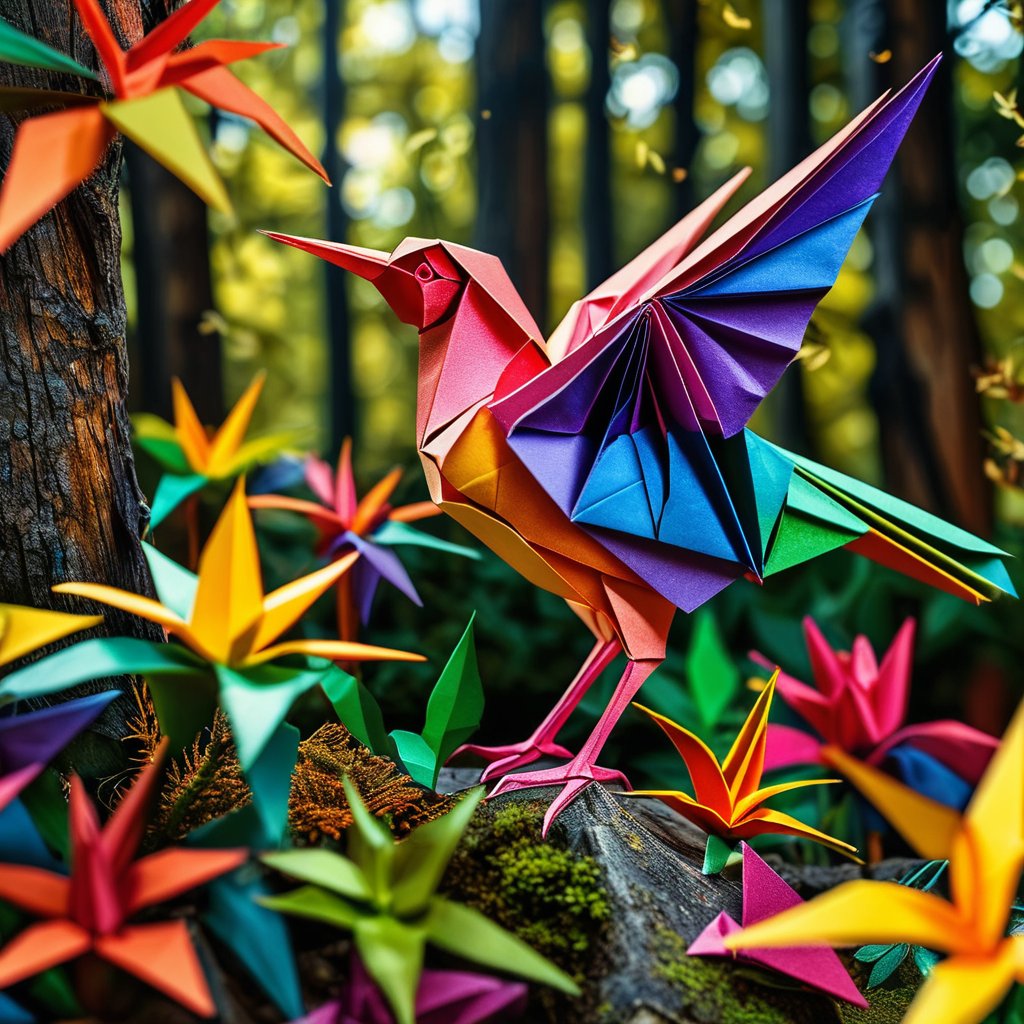 photorealistic, high-quality, ultra-detailed, image of (an origami bird with a layer that makes each folded polygonal section of the origami a different vivid c olor, an origami rainbow of color in a forest of origami plants and trees in the background), best quality, masterpiece, masterful composition, award, extremely detailed, incredibly high resolution, 32k, 16k, 8k, 4k, UHD, HDR, hyperrealistic, photo studio quality, amazing clarity, tack sharp, sharp focus, volumetric lighting, cinematic style, OverallDetailXL
