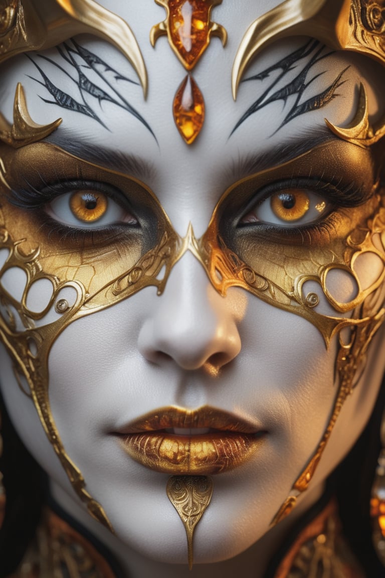 (close up), (macro), the face of a woman dressed in demon attire, in the style of light gray and light gold, vibrant illustrations, intricately sculpted, realistic hyper-detailed portraits, white and amber, queencore, depicts real life Wide range of colors., Dramatic,Dynamic,Cinematic,Sharp details Insane quality. Insane resolution. Insane details. Masterpiece. 32k resolution. insane details, (exquisitely beautiful), high definition, intricate design, brilliant composition, (insane detailed glowing bright amber eyes and detailed face)