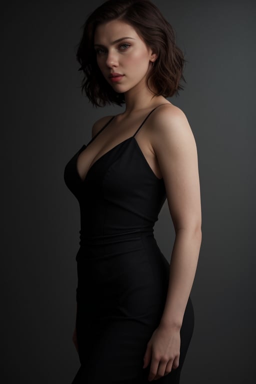 A hyperrealistic photo of Scarlett Johansson in a photographic studio, wearing an elegant and minimalist black dress with a subtle neckline. She is in a classic pose, with her eyes fixed on the camera, conveying power and mystery. The lighting is soft and contrasting, highlighting the textures and lines of her face and body. The background is a soft gray to black gradient, creating an atmosphere of sophistication and mystery.