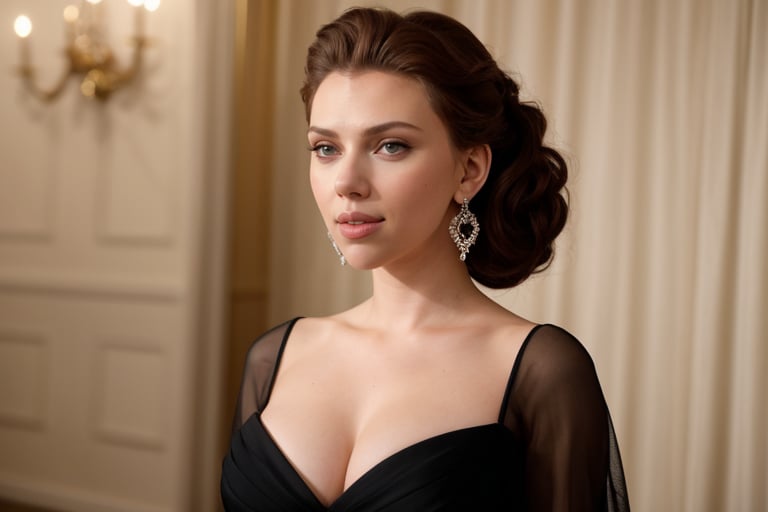 A hyperrealistic photo of Scarlett Johansson at a gala event, wearing a high-fashion dress with an elegant neckline and a radiant smile. The background is a red carpet, with camera flashes and a glamorous atmosphere. Scarlett is wearing gemstone earrings and an elegant hairstyle. The image should have a cinematic and realistic style, with focus on the details of the clothing, facial expression, and environment. 