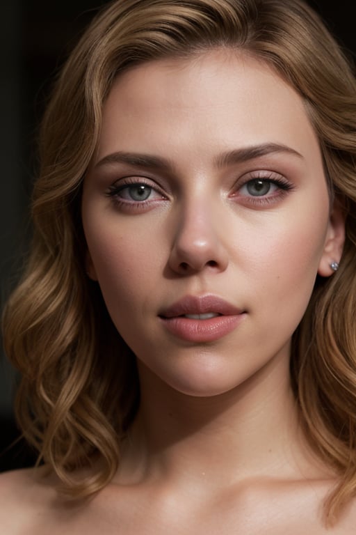 A hyperrealistic close-up photo of Scarlett Johansson, focusing on her beautifully made-up face. Her hair is a light brown, almost blonde, with soft waves. The lighting is soft and dramatic, highlighting the contours of her face and creating an effect of natural beauty.