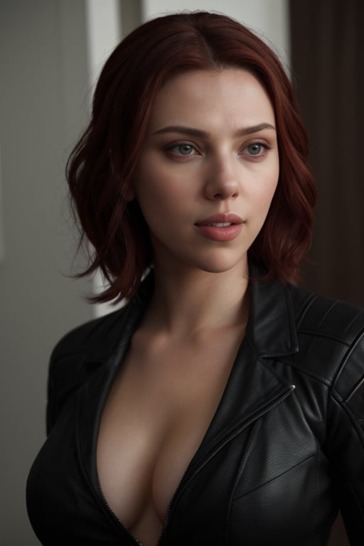 Image of Scarlett Johansson, smile, from the bust up, looking absolutely gorgeous and realistic as Black Widow.