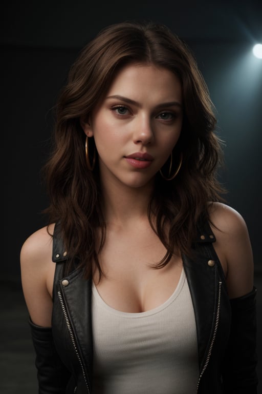 A hyperrealistic photo of Scarlett Johansson with her realistic light brown hair, in an intense and provocative pose, wearing a black leather jacket with metal details and a white t-shirt with a skull design. She is wearing large hoop earrings and intense makeup, with black eyeliner and red lipstick. Her eyes shine with determination and seduction. The lighting is strong and contrasting, with rays of light illuminating her face and body.