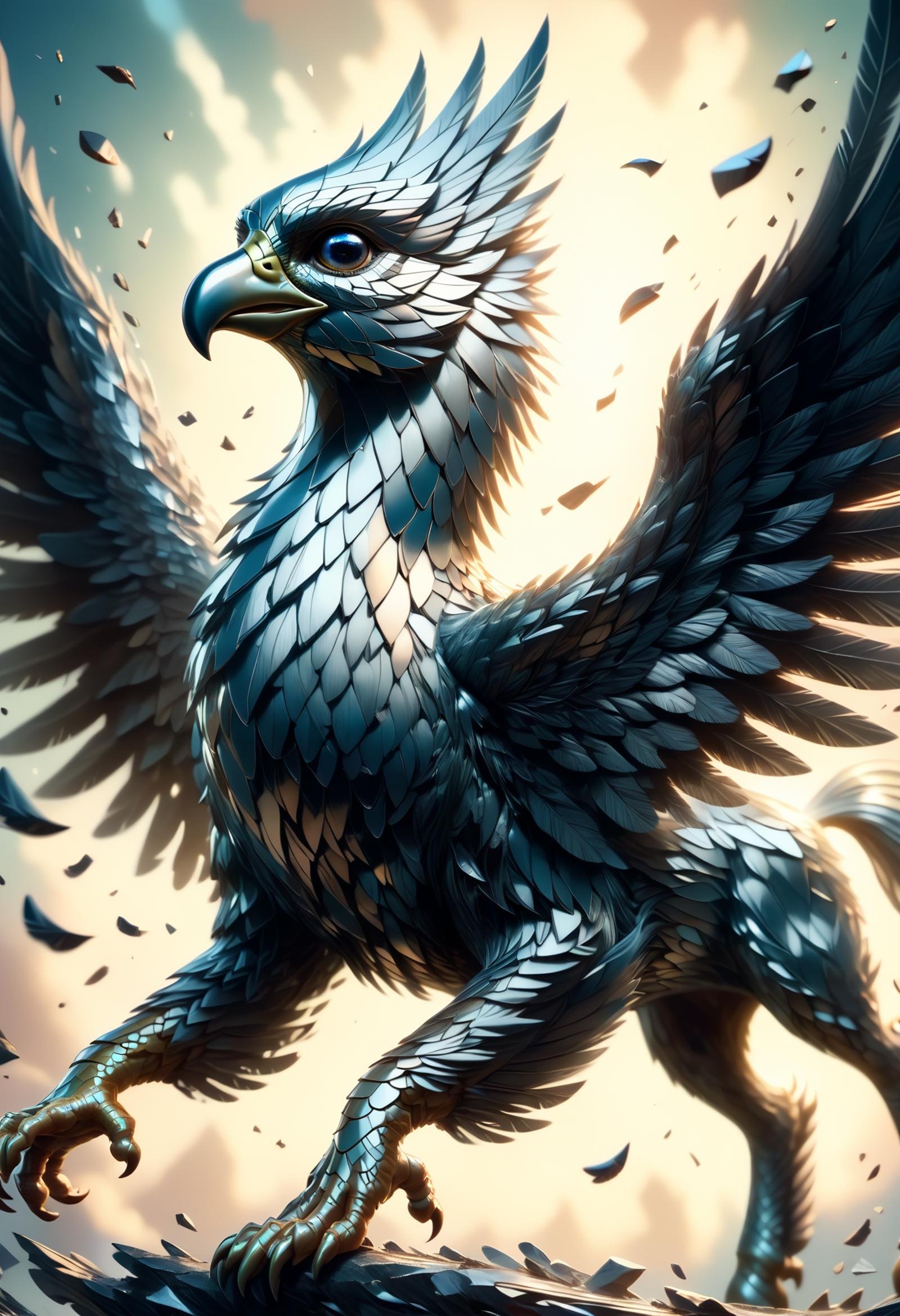 DonMBr0ck3nM1rr0rXL hippogriff, mythical creature, horse's body and hind legs, eagle's wings and front claws, majestic and powerful appearance, feathered wings and mane, eagle like head and beak, strong and noble posture, symbol of chivalric romance, mythology, bravery, strength,, motivating ,score_9, score_8_up, score_7_up, score_6_up, score_5_up   <lora:DonMBr0ck3nM1rr0rXL-pony:1>