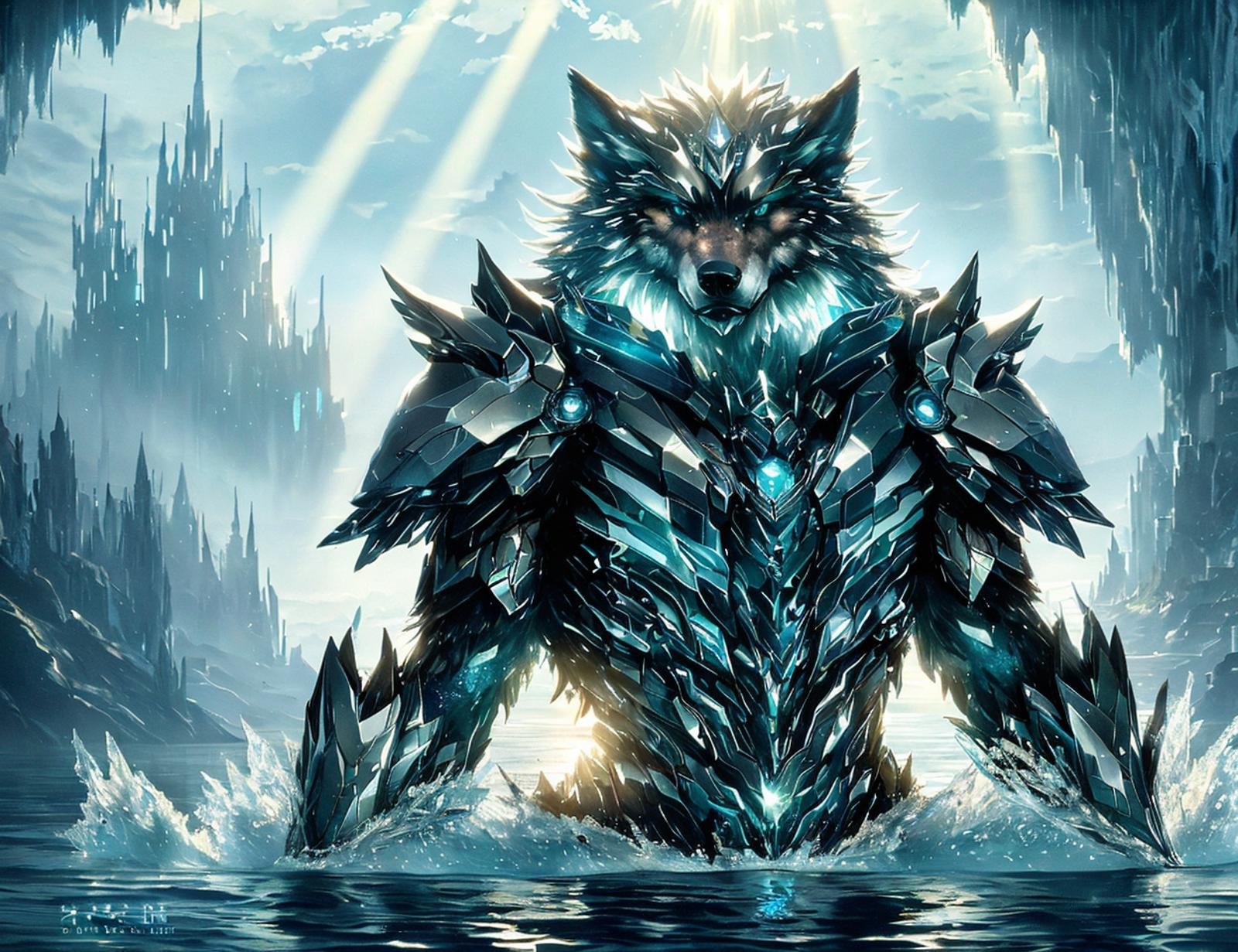 masterpiece illustration, detailed, DonMU17r4G34r werewolf, Water fairy, delicate and beautiful, shy and reclusive embody the mystery and grace of water, dissolves into water when captured and exposed to sunlight, associated with bodies of fresh water, stream  ,   <lora:DonMU17r4G34r-000008:0.9>