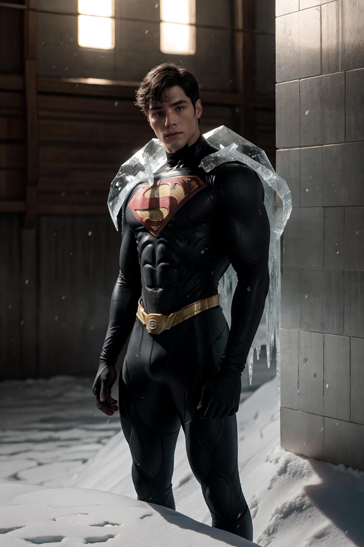 <lora:DavidLaid(Dav1dLaid):1> (Dav1dLaid) is Superman in a black Superman suit, (standing on snow and ice in The Fortress of Solitude, ice palace), surreal bright art, trending on artstation, bloom, vivid whites, RAW photo, detailed photo, gorgeous, shallow depth of field, bokeh, volumetric lighting, (surreal:0.4), hyper detailed photorealistic life-like accurate proportional 8k sharp focus, (vivid cinematic lighting), ray tracing, photorealistic detail, (selective focus:0.6) 