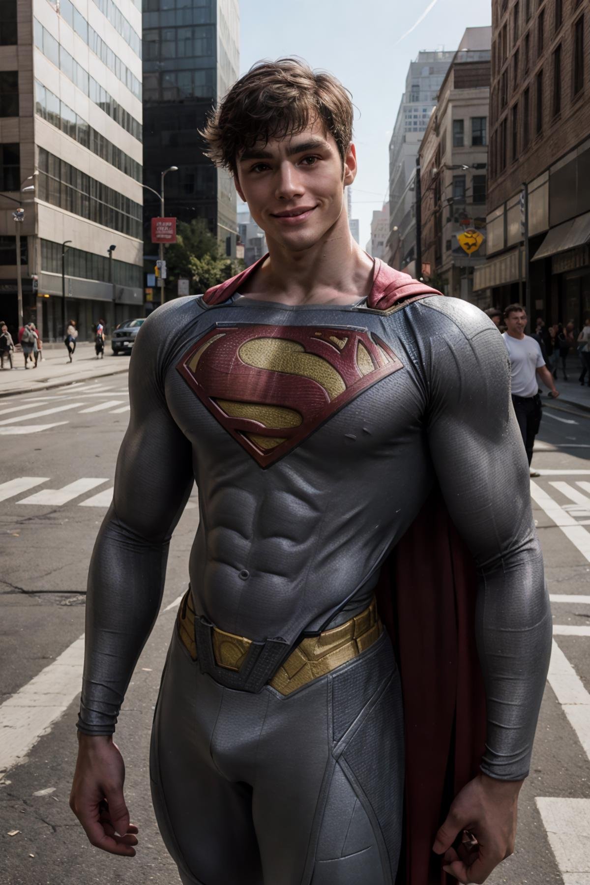 <lora:DavidLaid(Dav1dLaid):1> (Dav1dLaid) photorealistic, wearing a Superman suit outside on a city street in Metropolis, skinny waist, pecs, biceps, clean shaven, short messy hair, power pose, gentle smile. RAW photo, detailed photo, gorgeous, shallow depth of field, hyper detailed photorealistic life-like accurate proportional 8k sharp focus, (bright lighting), photorealistic detail