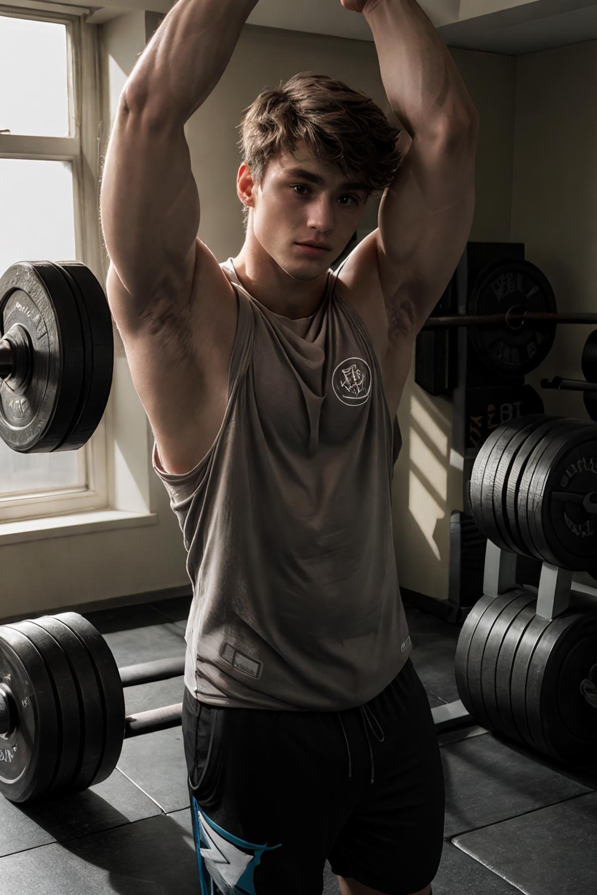 <lora:DavidLaid(Dav1dLaid):1> (Dav1dLaid) masculine, in the gym, ((wearing gym shark clothing, gym shorts, tank top)), working out, ripped, 18yo, skinny fit, skinny waist, zero percent body fat, vascularity, clean shaven, medium length shaggy hair, biceps, pecs, sexy, RAW photo, detailed photo, shallow depth of field, bokeh, volumetric lighting, (surreal:0.4), hyper detailed photorealistic life-like accurate proportional 8k sharp focus, (vivid cinematic lighting), ray tracing, photorealistic detail, (selective focus:0.6) 