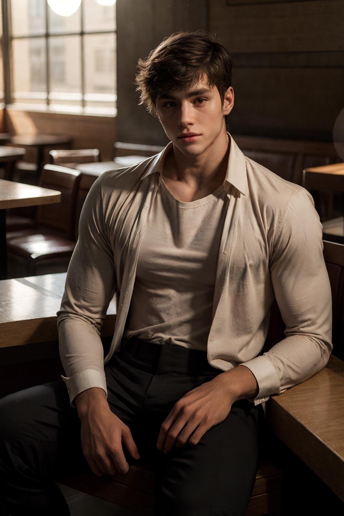 <lora:DavidLaid(Dav1dLaid):1.1> (Dav1dLaid) (1boy) photorealistic, photoshoot, skinny waist, clean shaven, smooth everywhere, short messy hair, (wearing dress pants, a fancy buttoned up dress shirt highlighting his pecs sitting in a cafe, sun and shadows hits his body and face highlighting his perfect physique), perfect biceps, RAW photo, detailed photo, gorgeous, shallow depth of field, bokeh, volumetric lighting, (surreal:0.4), hyper detailed photorealistic life-like accurate proportional 8k sharp focus, (accurate cinematic lighting), photorealistic detail, (selective focus:0.6)