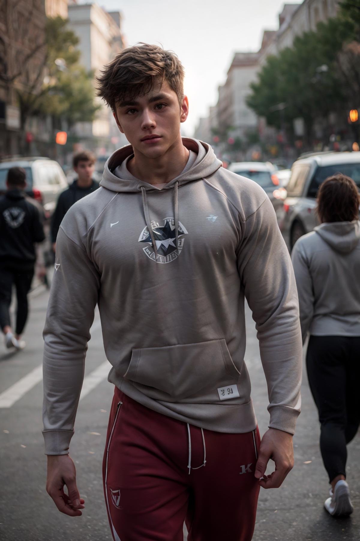 <lora:DavidLaid(Dav1dLaid):1> (Dav1dLaid) masculine, walking in the park ((wearing gym shark clothing, red jogging pants and hoodie)), 19yo, skinny fit, skinny waist, zero percent body fat, vascularity, clean shaven, medium length shaggy hair, biceps, pecs, sexy, RAW photo, detailed photo, shallow depth of field, bokeh, volumetric lighting, (surreal:0.4), hyper detailed photorealistic life-like accurate proportional 8k sharp focus, (vivid cinematic lighting), ray tracing, photorealistic detail, (selective focus:0.6) 