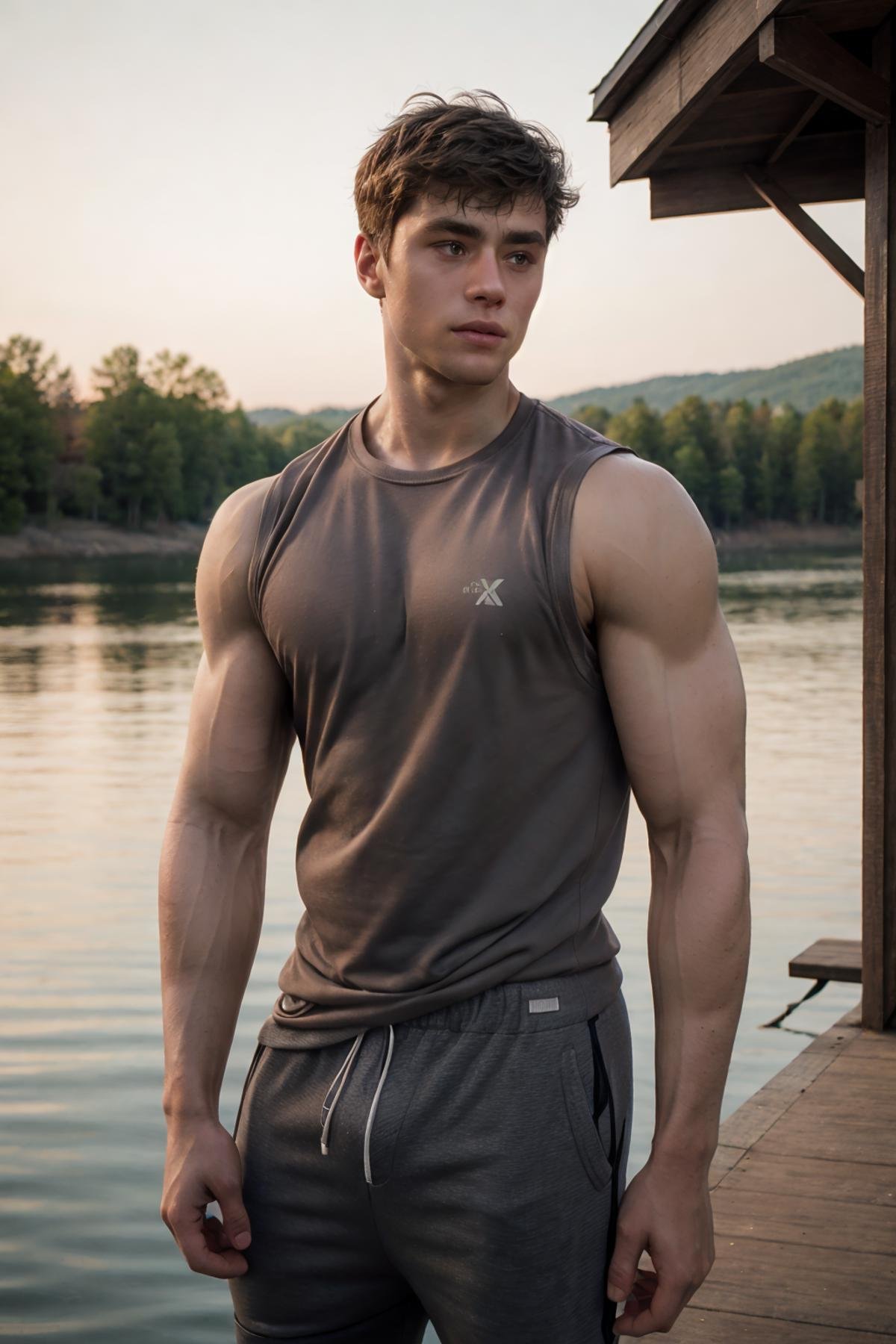 <lora:DavidLaid(Dav1dLaid):1> (Dav1dLaid) photorealistic, photoshoot, outside, lake Muskoka Canada, on a dock on the lake, artistic, skinny waist, pecs, biceps, clean shaven, smooth everywhere, medium length shaggy hair, (wearing jogging shorts and a loose muscle shirt tank top). RAW photo, detailed photo, gorgeous, shallow depth of field, hyper detailed photorealistic life-like accurate proportional 8k sharp focus, (bright lighting), photorealistic detail