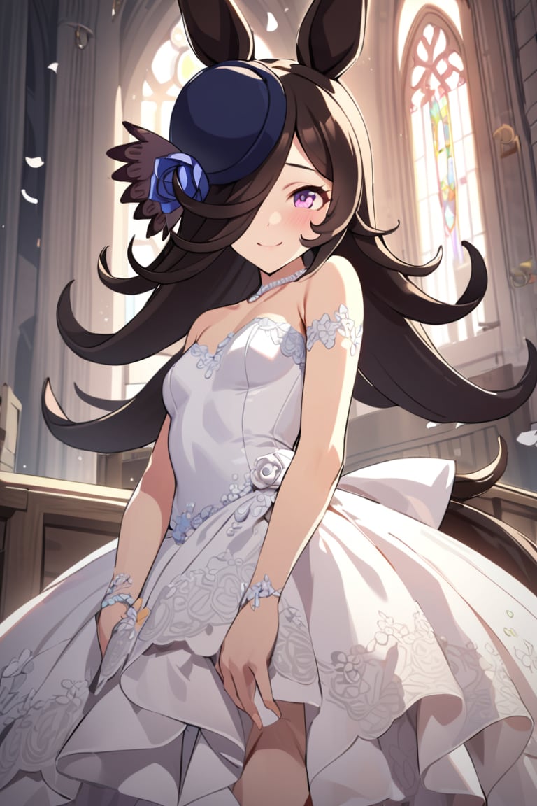 best_quality,masterpiece,1girl ,rice shower \(umamusume\),horse ears,long hair,brown hair,black hair,hair over one eye,riceshowerXL,wedding dress:1.3,looking_at_viewer,smile,happiness,at chruch