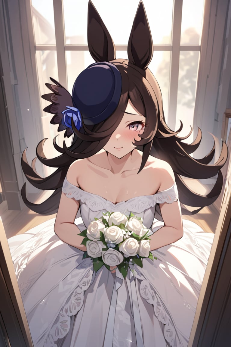 best_quality,masterpiece,1girl ,rice shower \(umamusume\),horse ears,long hair,brown hair,black hair,hair over one eye,riceshowerXL,wedding dress:1.3