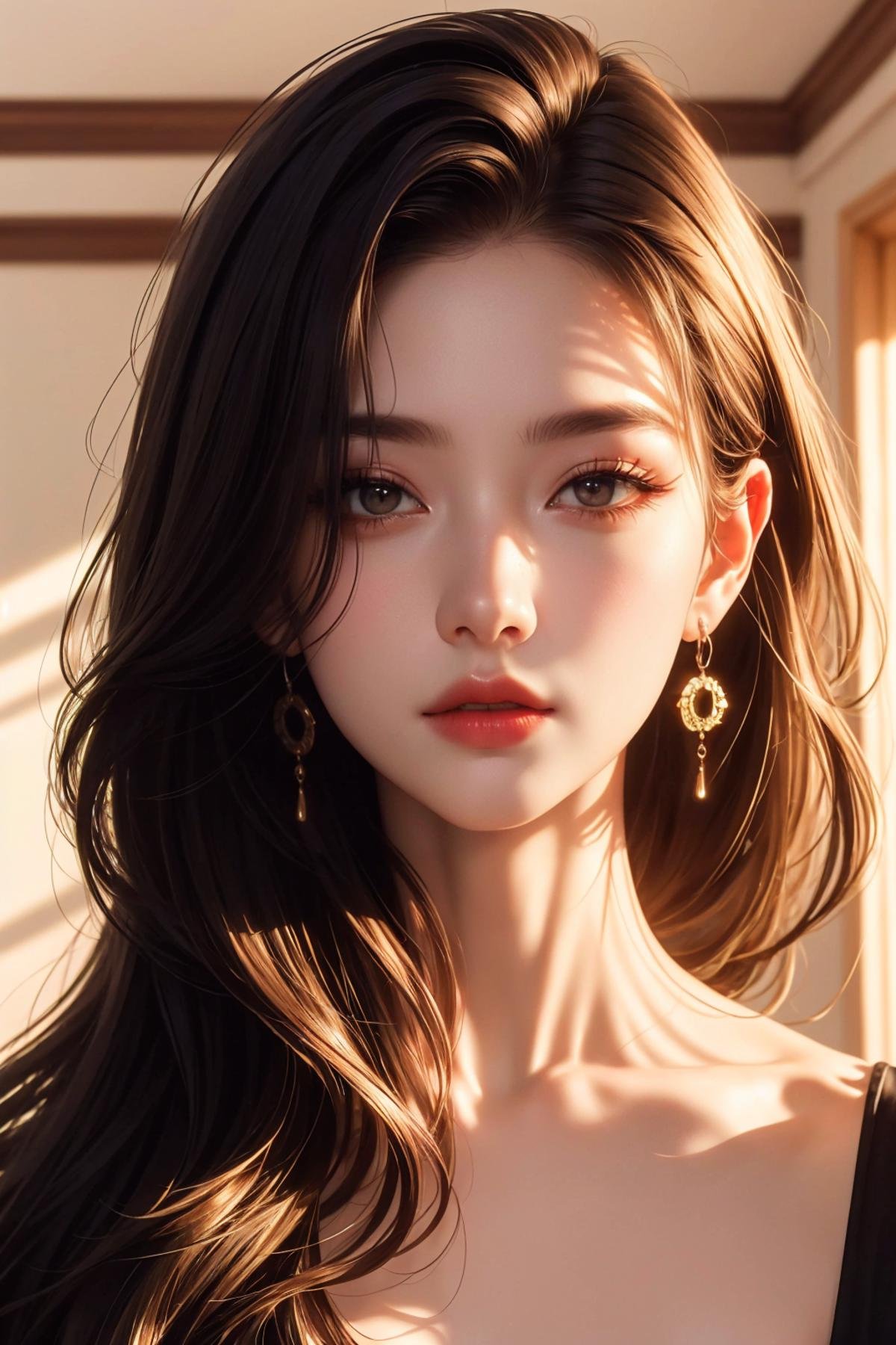 <lora:Korean beauty:0.8>,1girl,realistic,__Indoor-Style__,__Indoor_fantasy__,1girl,solo,brown hair,long hair,looking at viewer,earrings,jewelry,, edge quality, perspective silhouette, 8k, best quality, masterpiece, extremely detailed, rule of thirds, photorealistic, superb, HDR, high resolution, sharp focus, photorealistic rendering, extremely detailed description, professional, gorgeous and intricate detail,