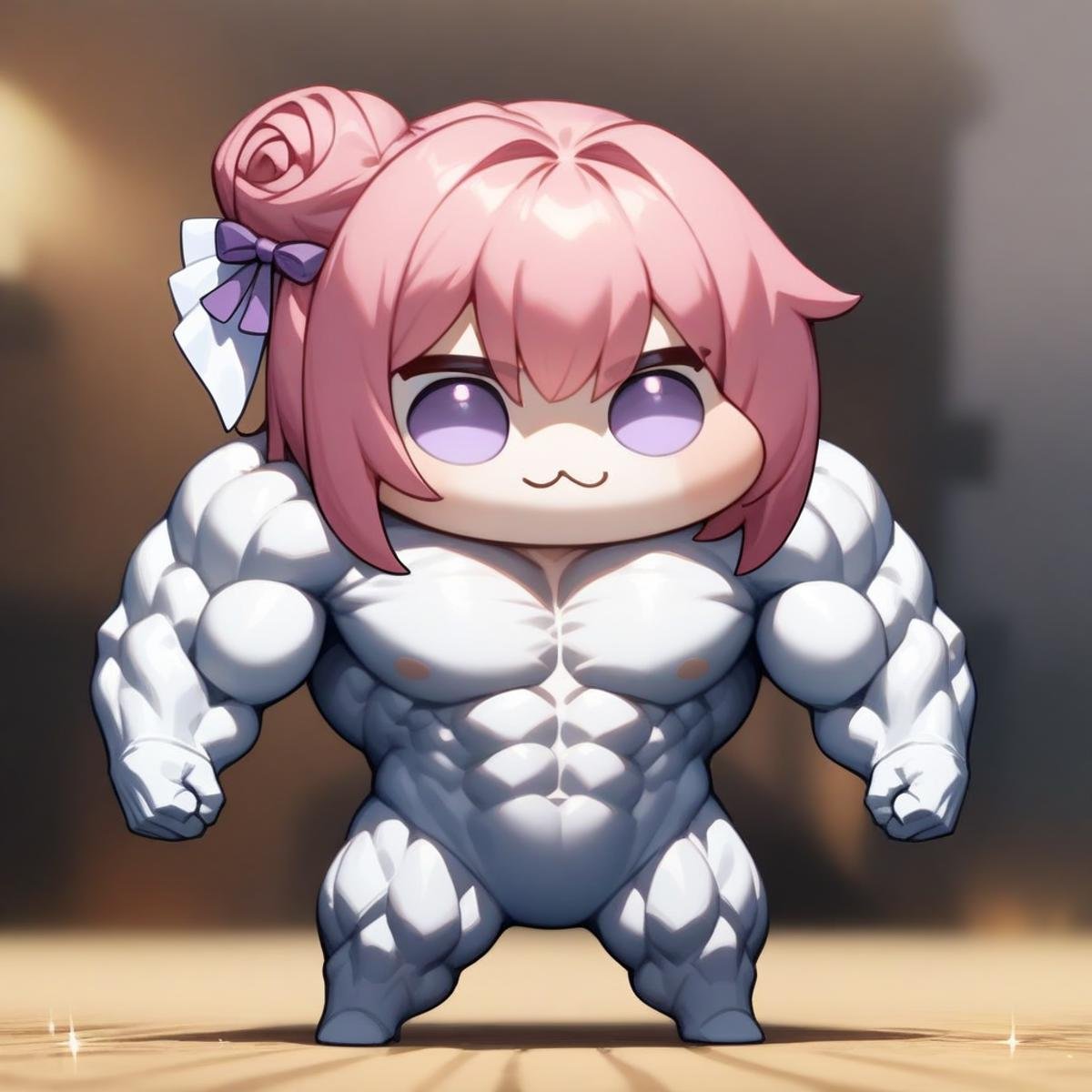 <lora:doro_xypher_amxl_v1:1> solo, doro \:3, chibi, solid circle eyes, no pupils, no humans, white skin, creature, pink hair, purple eyes, single side bun, hair bow, masterpiece, best quality, very aesthetic, absurdres, muscular, hypermuscular, bodybuilder, sparkle