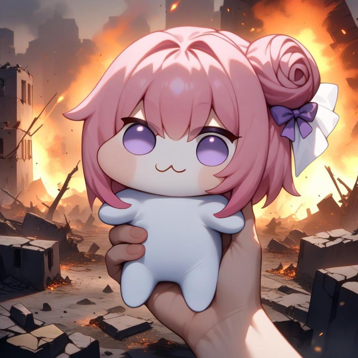 <lora:doro_xypher_amxl_v1:1> solo, doro \:3, chibi, solid circle eyes, no pupils, no humans, white skin, creature, pink hair, purple eyes, single side bun, hair bow, masterpiece, best quality, very aesthetic, absurdres, pov hands, holding creature, outdoors, mini person, smoke, embers, ruins, ashes