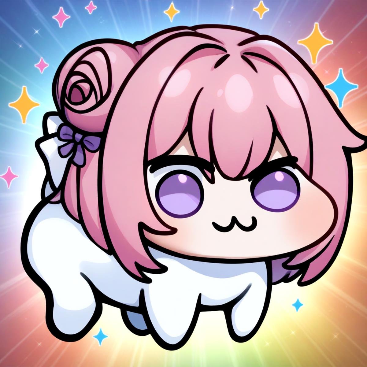 <lora:Doro_AMXL_V1G13_1-000008:1> solo, doro, :3, chibi, solid circle eyes, white skin, all fours, pink hair, purple eyes, single side bun, white hair bow, sparkle, rainbow, sunburst background, masterpiece, best quality