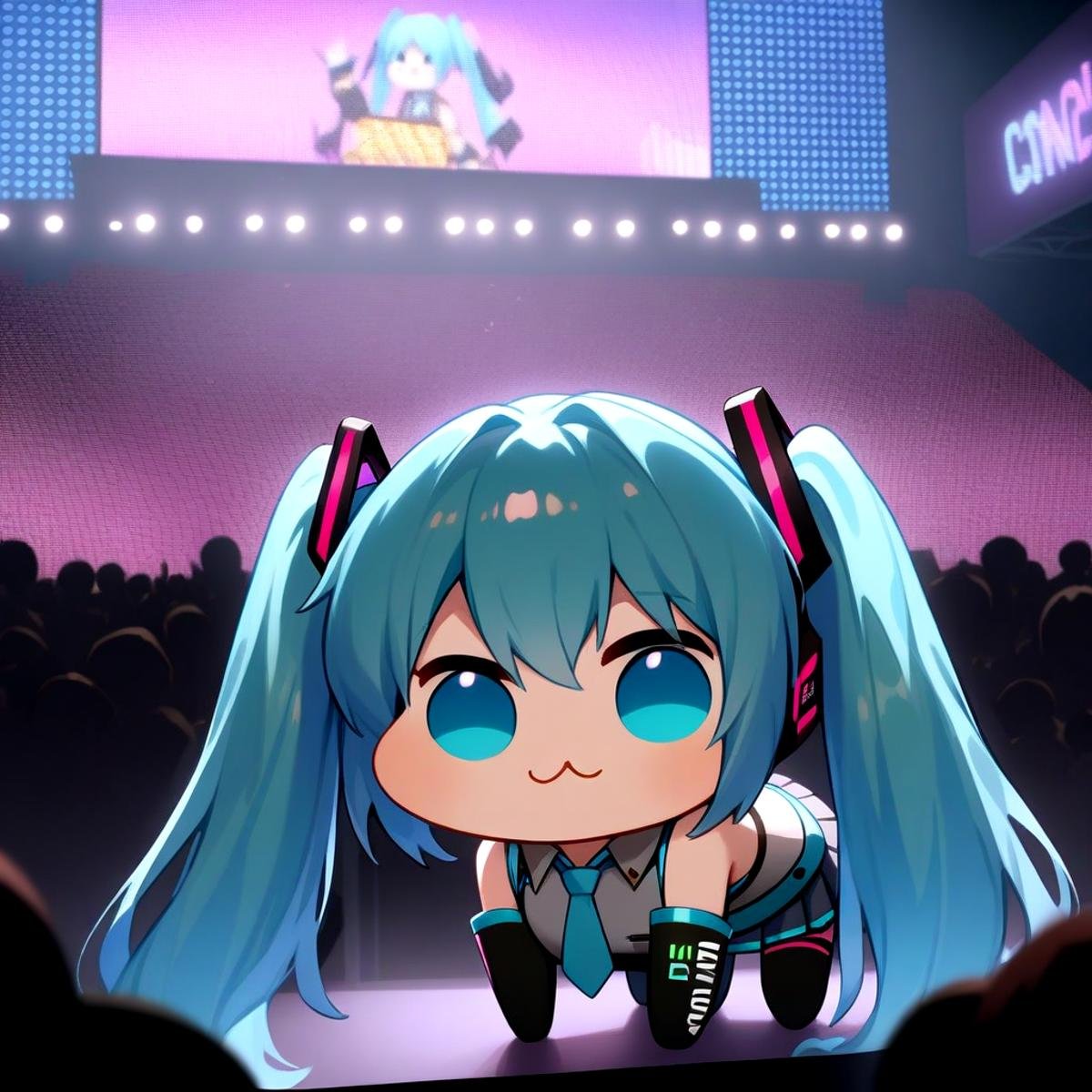 <lora:doro_xypher_amxl_v1:1>  solo, doro, \:3, chibi, solid circle eyes, no pupils, all fours, hatsune miku, vocaloid, twintails, necktie, pleated skirt, gray shirt, detached sleeves, no humans, creature, concert, stage, crowd, neon lights, masterpiece, best quality, very aesthetic, absurdres