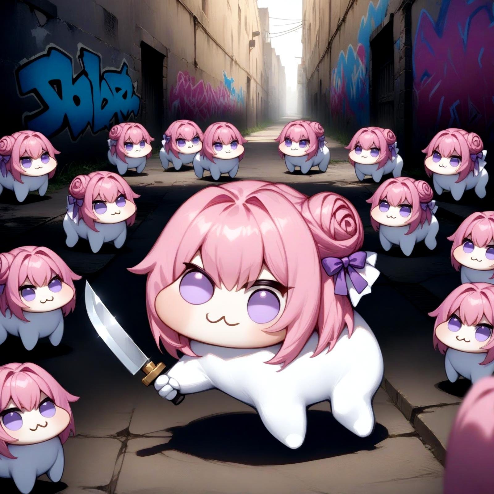 <lora:doro_xypher_amxl_v1:1> solo, doro, :3, chibi, solid circle eyes, no pupils, white skin, pink hair, purple eyes, single side bun, hair bow, clone, herd, fighting stance, holding knife, dark alley, graffiti, masterpiece, best quality, very aesthetic, absurdres