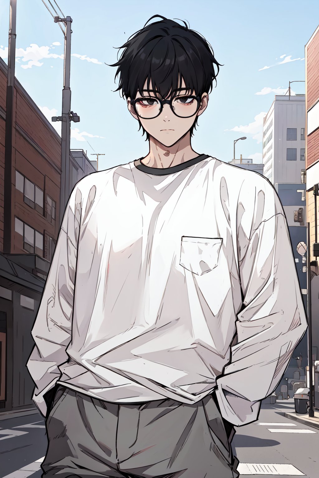 masterpiece,  best quality,  highly detailed background,  perfect lighting,  best quality,  (extremely detailed face),  volumetric lighting,  intricate details,  shadow,  tonemapping,  sharp focus,  hyper detailed,  trending on Artstation,  (solo)
BREAK
(1boy, male, black eyes, black hair,  muscular male, undercut, glasses)
BREAK
(white t-shirt, oversized shirt, oversized pants, long sleeves, pockets)
BREAK
(Outdoors city, sky background)
BREAK
(Looking at viewer, closed mouth, cowboy shoot)