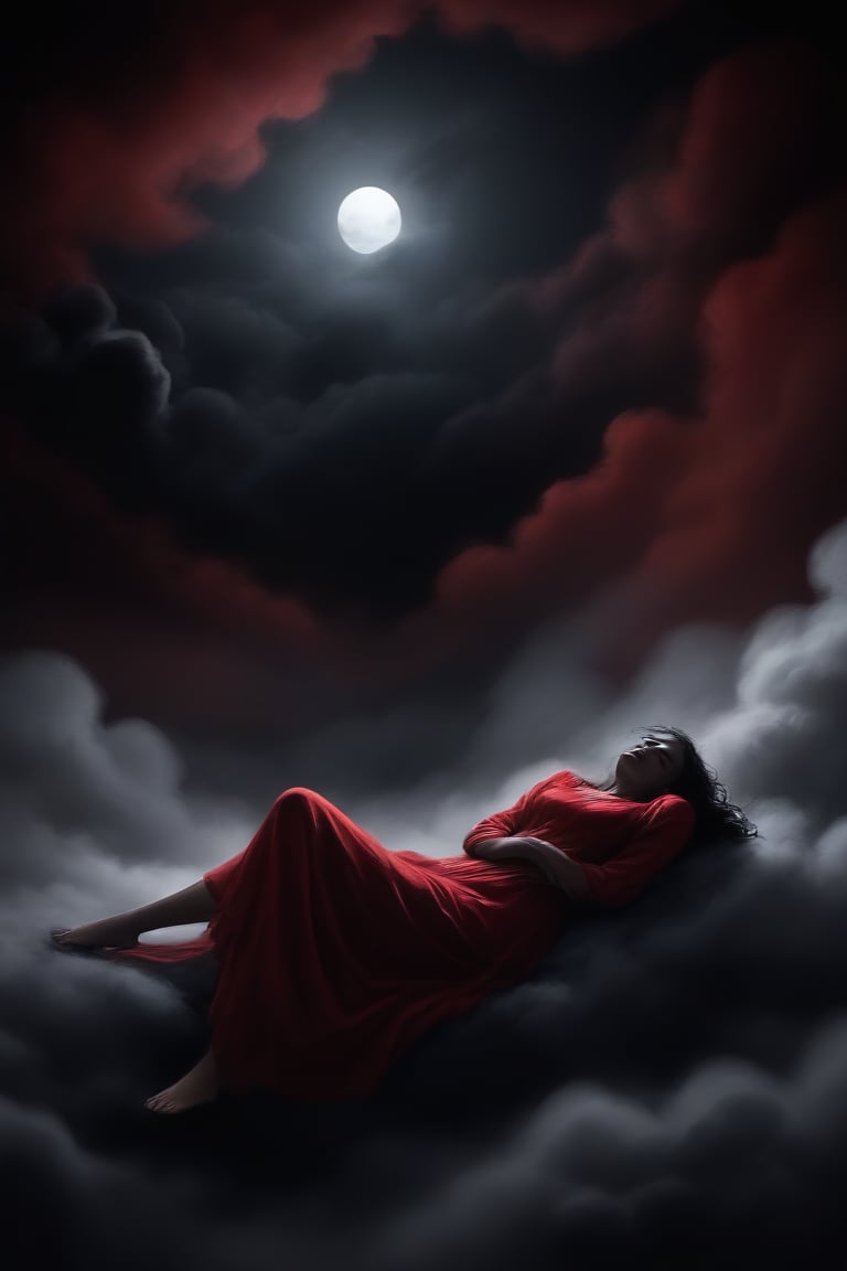 Silhouette, a girl sleeping in the clouds, moody sad dark atmosphere, black background, dark paintbrush, Red over black, 2D