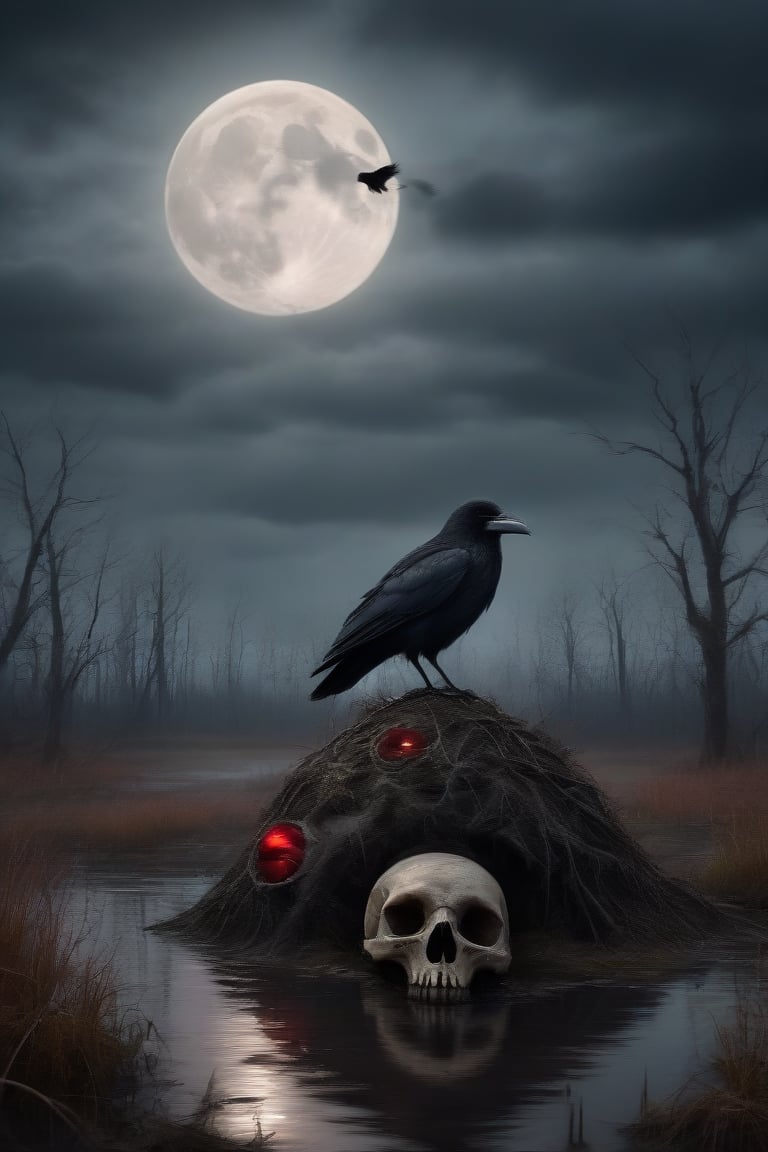 a swamp under a gloomy sky, with a crow perched on a decayed skull. The full moon behind the crow makes its eyes glow red. Use a dark eerie atmosphere