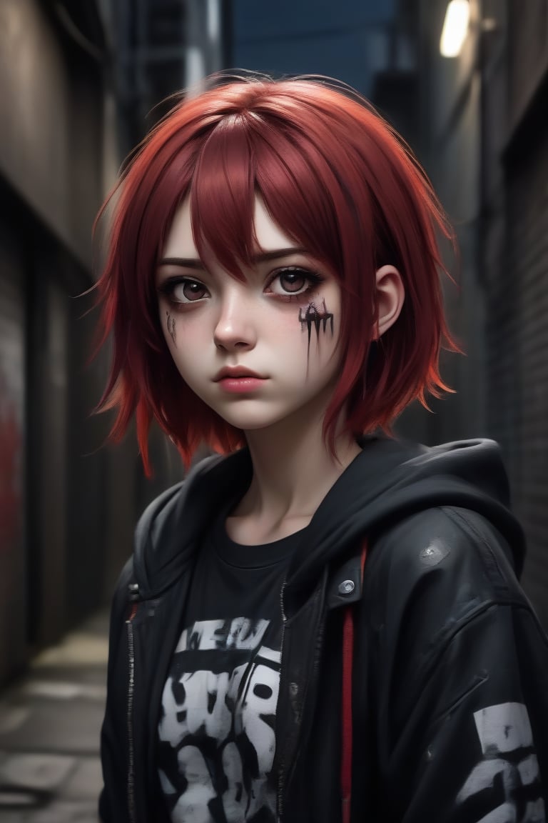 anime teenage girl on a bacstreet alley, teary eyes, teenage outfit, black and red hair, serious fashion style, dark theme style, punk style, short hair, black background, black paint dripping heavily from eyes and mouth