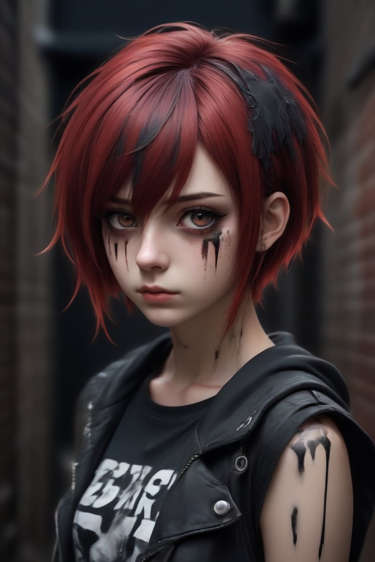 anime teenage girl on a bacstreet alley, teary eyes, teenage outfit, black and red hair, serious fashion style, dark theme style, punk style, short hair, black background, black paint dripping heavily from eyes and mouth