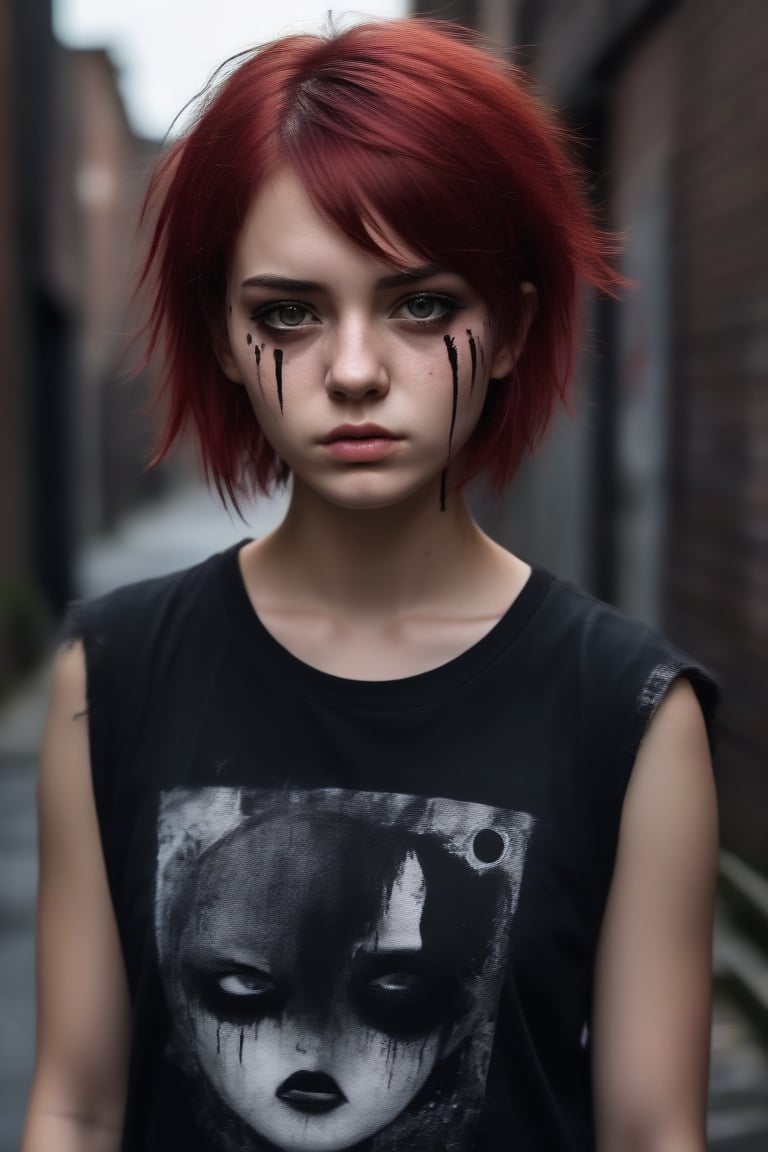 teenage girl on a bacstreet alley, teary eyes, teenage outfit, black and red hair, serious fashion style, dark theme style, punk style, short hair, black background, black paint dripping heavily from eyes and mouth