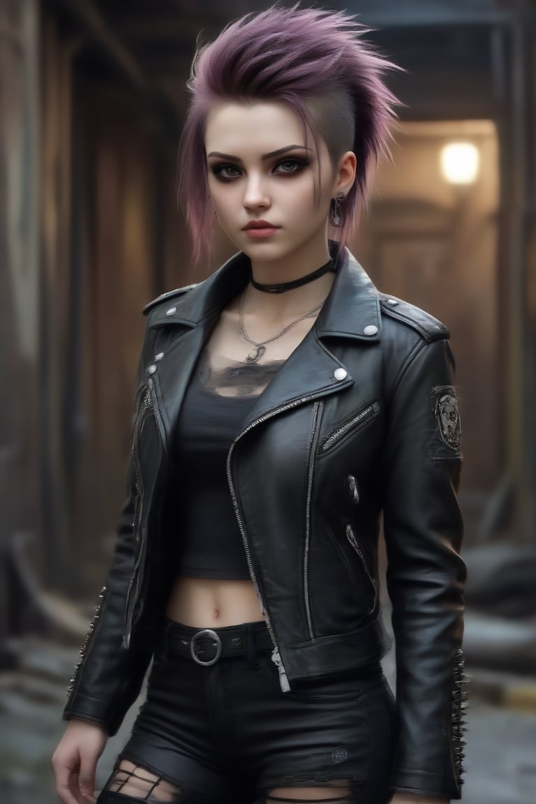 beautiful, punk girl, cute, creepy, black clothes, leather jacket, ripped clothes, spiked hair, intricate details, extremely detailed background