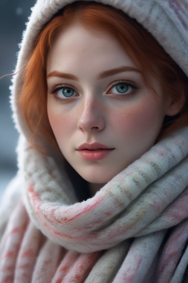 Face behind wooly scarf, Petite redhead Woman in snow, Freckles, face Closeup, face Hidden behind Pastell neon Striped wooly scarf, only blushed flirting eyes visiblevery Detailed, awesome Quality, reflecting, luminescent, translucent, Ethereal, Aura, 80s DARK dystopian Blade Runner Flair, very detailed, uhd, masterpiece, White smoke, light beams through smoke,