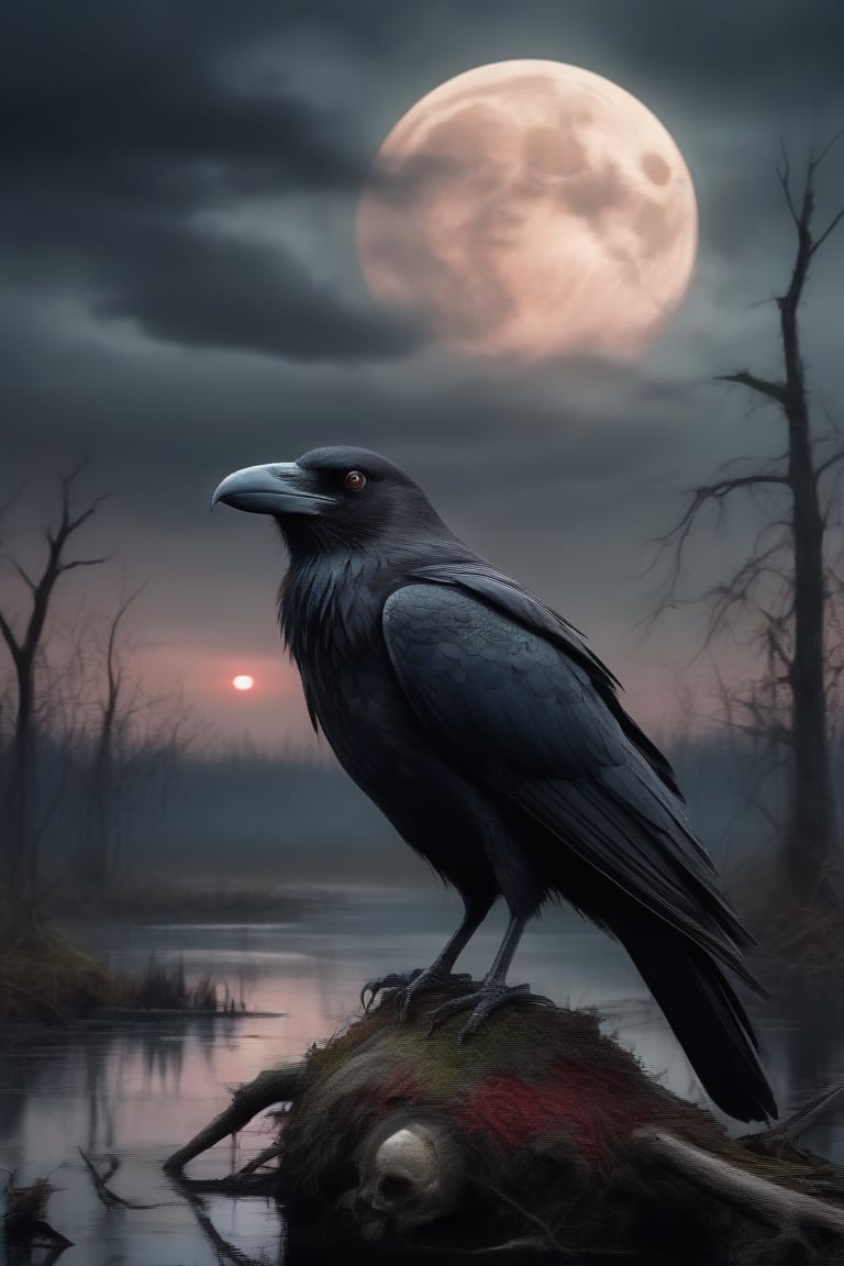 a swamp under a gloomy sky, with a crow perched on a decayed skull. The full moon behind the crow makes its eyes glow red. Use a dark eerie atmosphere