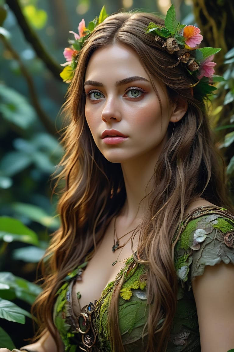 Intricate detailed image of a beautiful woman in a jungle, her face is ultrarealistic and hyperdetailed, sharp focus on eyes, green eyes, flowy brown hair, colorful flowery vines cascading down, seated on a mossy rock, mushrooms, sense of beauty and inspiration, perfect anatomy, ,cyberpunk style, cinematic results, colorful, 8kUHD, golden hour, green eyes ,colorful