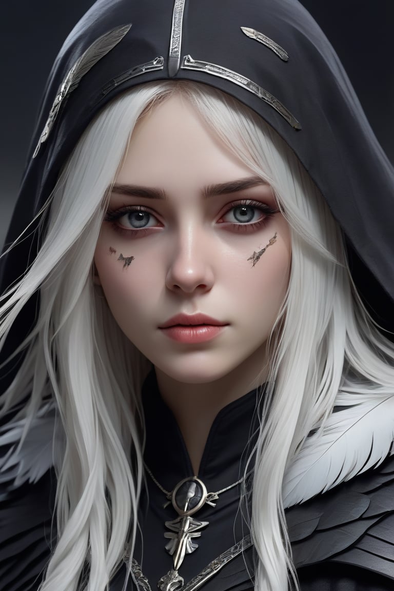 high quality, high detail, masterpiece, beautiful, (general plane ), 1 girl, large white hair, dark clothes whit dark feather details, covered eyes with a cloth dark, animeliner, desillusionRGB, portrait, sad, closeup, sci-fi, fantasy,